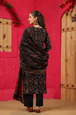 Thumbnail for Malishka Women's Black Roman Slub Flower Print Straight Kurta Pant With Dupatta