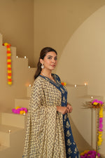Thumbnail for Malishka Women's Blue Roman Slub Flower Print Straight Kurta Pant With Dupatta