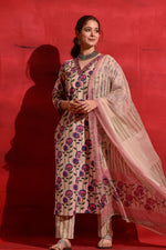 Thumbnail for Malishka Women's Beige Roman Slub Printed Straight Kurta Pant With Dupatta