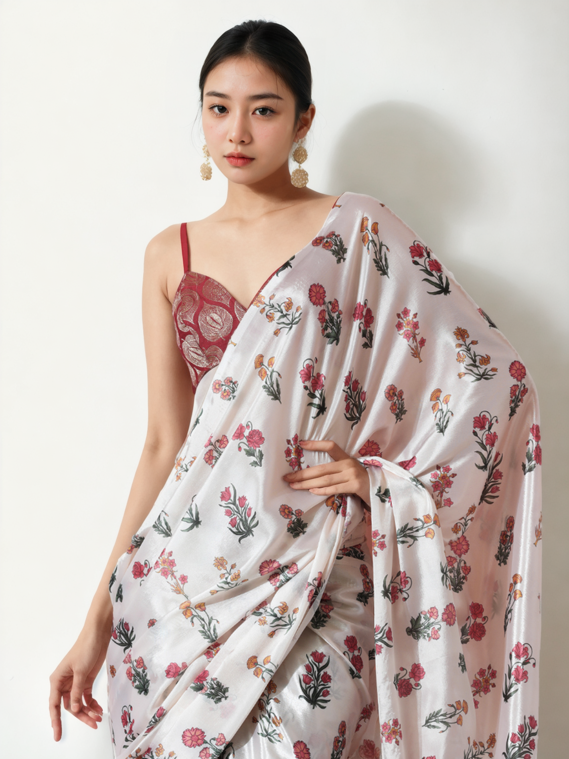 Avantini Chinon Digital Print Ready To Wear Saree With Blouse Piece - White