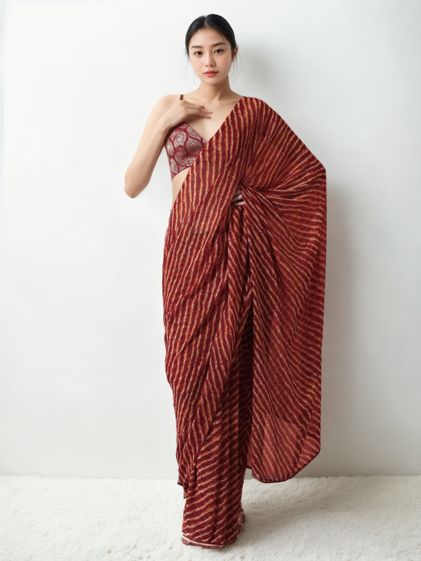 Avantini Chinon Digital Print Ready To Wear Saree With Blouse Piece - Maroon