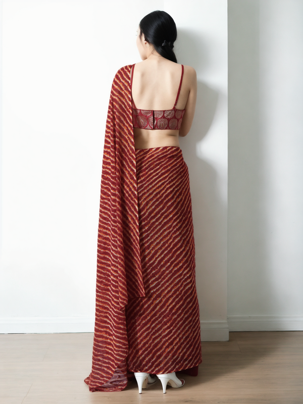Avantini Chinon Digital Print Ready To Wear Saree With Blouse Piece - Maroon