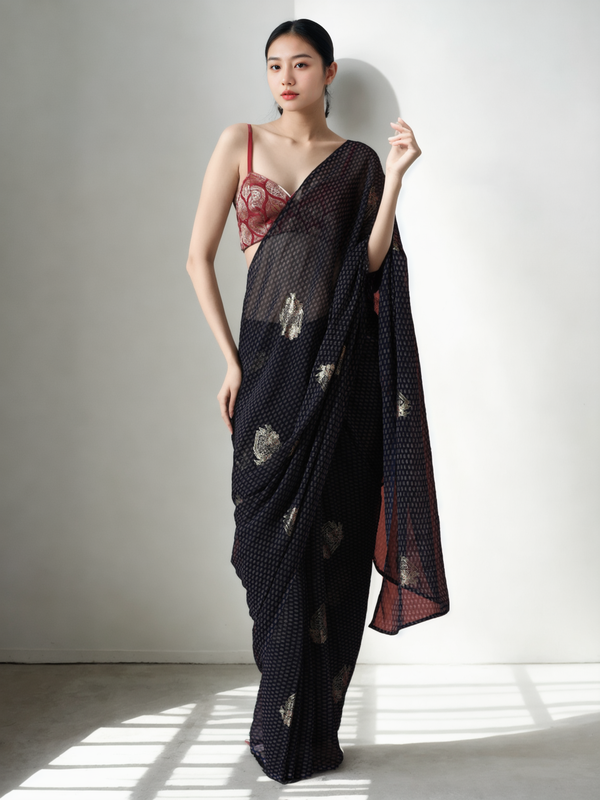 Avantini Chinon Digital Print Ready To Wear Saree With Blouse Piece - Black
