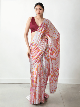 Avantini Chinon Digital Print Ready To Wear Saree With Blouse Piece - White