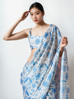 Thumbnail for Avantini Chinon Digital Print Ready To Wear Saree With Blouse Piece - Sky Blue