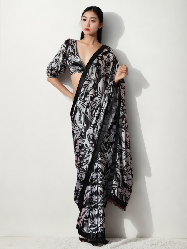 Avantini Chinon Digital Print Ready To Wear Saree With Blouse Piece - Black