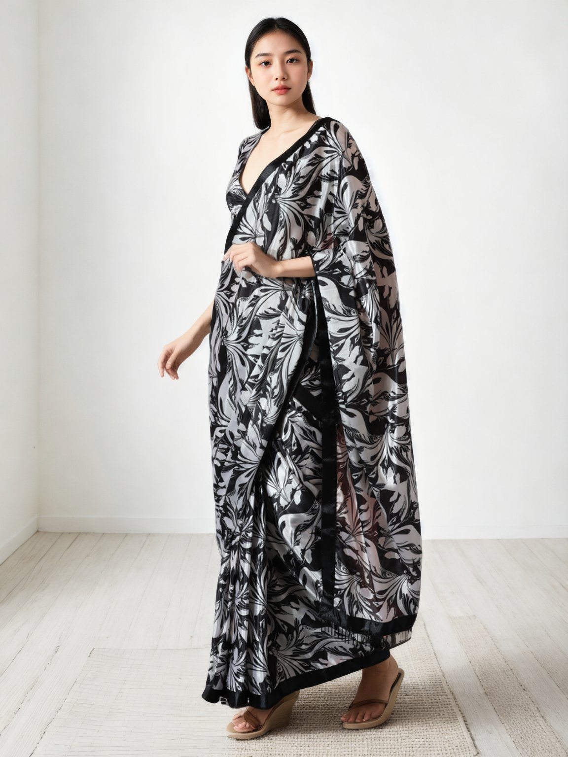Avantini Chinon Digital Print Ready To Wear Saree With Blouse Piece - Black