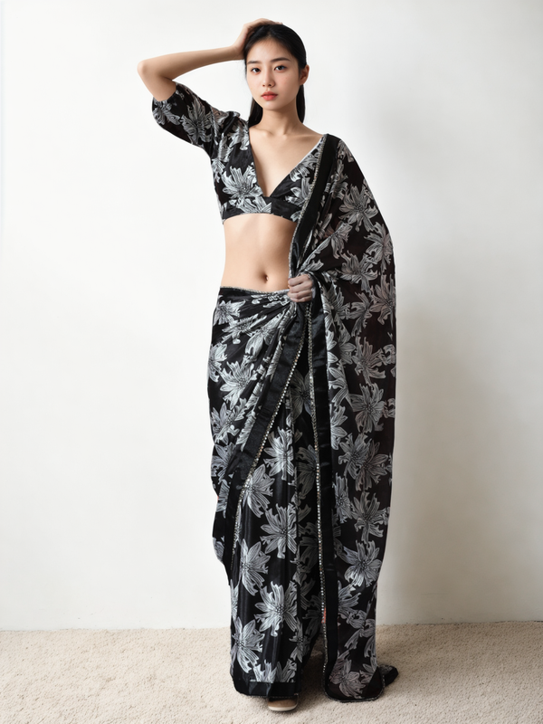 Avantini Chinon Digital Print Ready To Wear Saree With Blouse Piece - Black