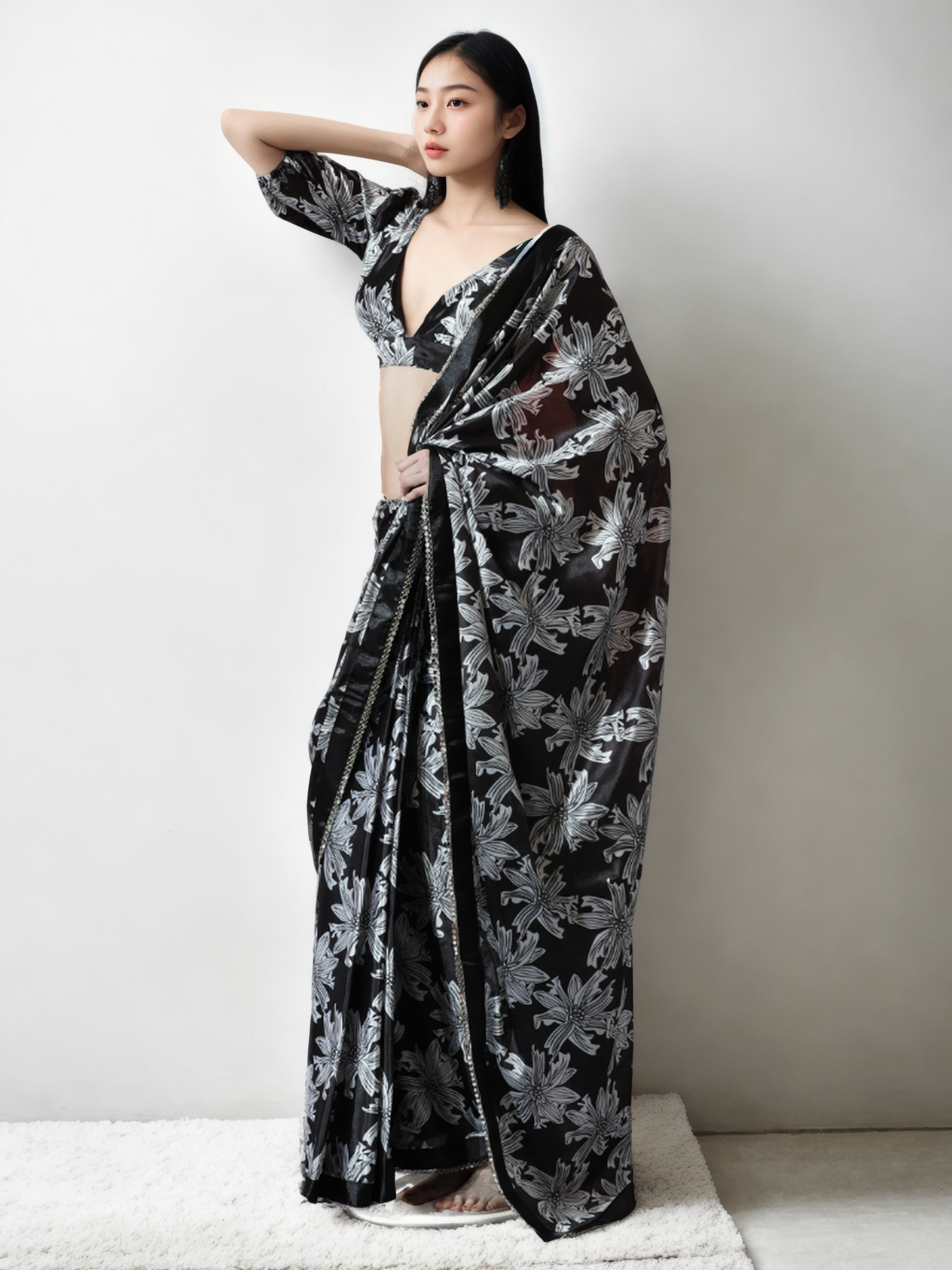 Avantini Chinon Digital Print Ready To Wear Saree With Blouse Piece - Black