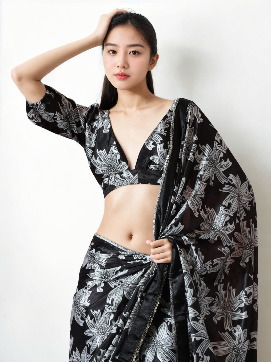 Avantini Chinon Digital Print Ready To Wear Saree With Blouse Piece - Black