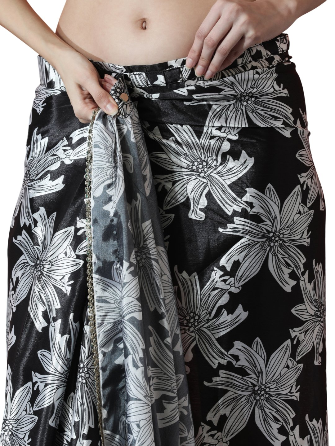 Avantini Chinon Digital Print Ready To Wear Saree With Blouse Piece - Black
