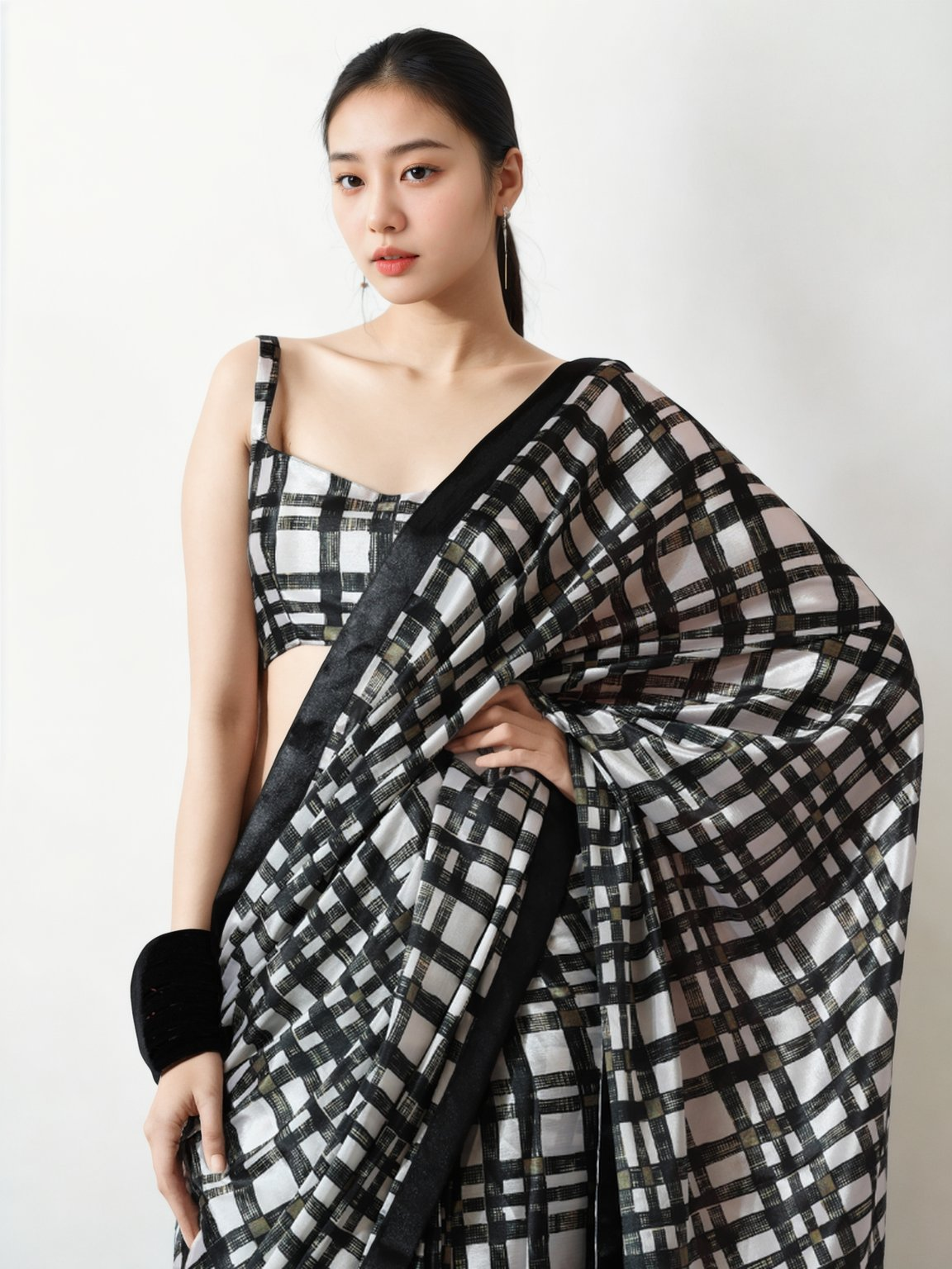 Avantini Chinon Digital Print Ready To Wear Saree With Blouse Piece - Black