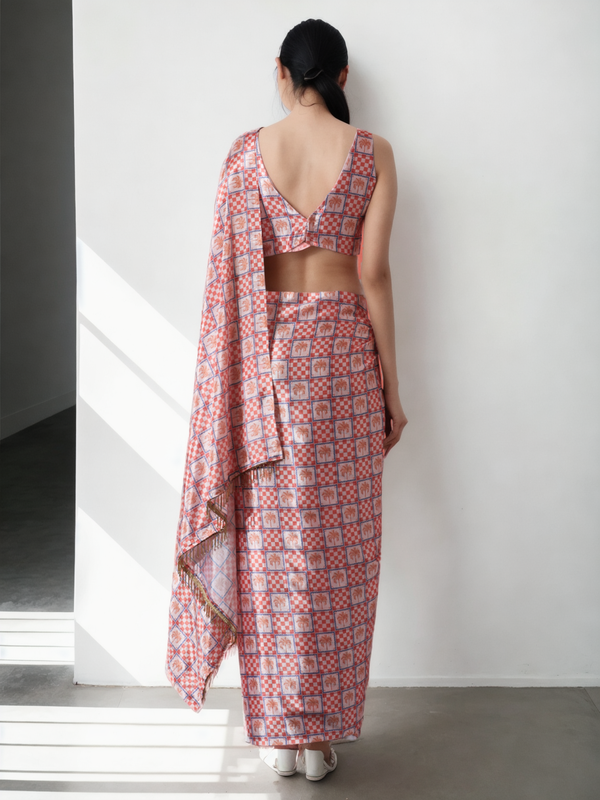 Avantini Chinon Digital Print Ready To Wear Saree With Blouse Piece - Pink