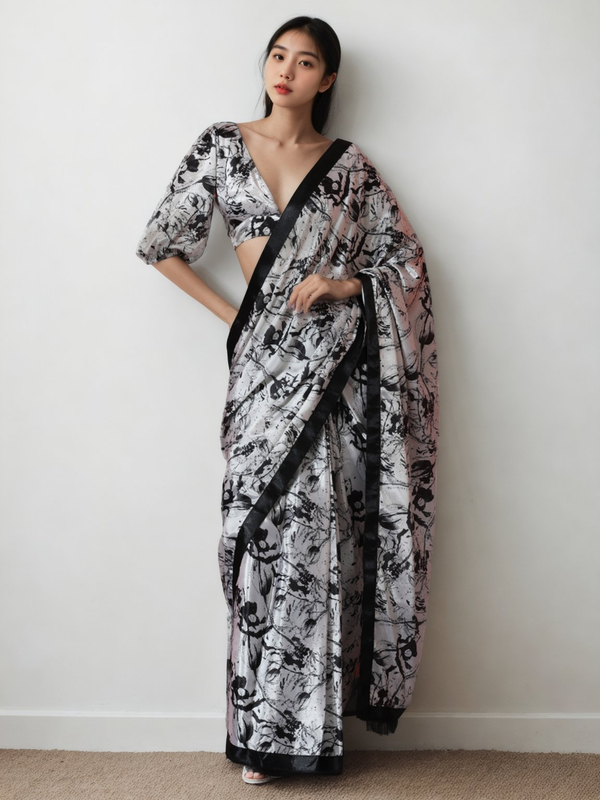 Avantini Chinon Digital Print Ready To Wear Saree With Blouse Piece - White