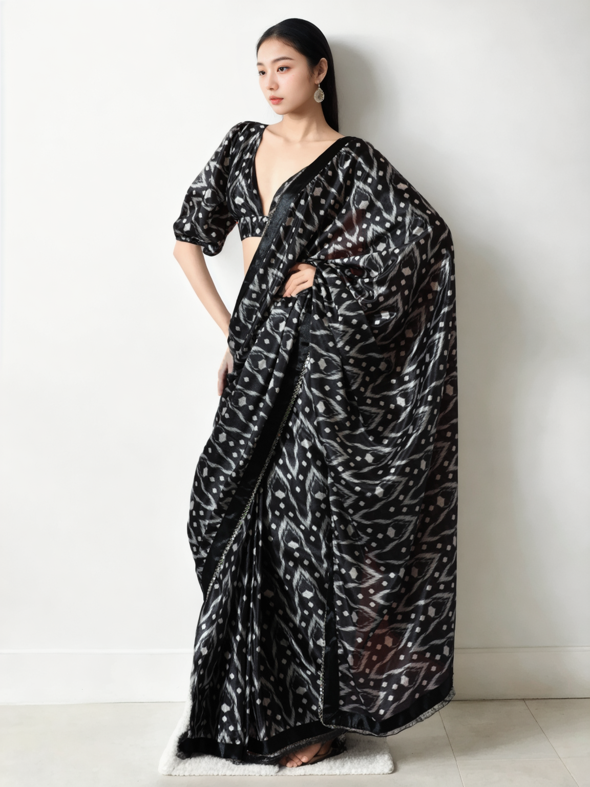 Avantini Chinon Digital Print Ready To Wear Saree With Blouse Piece - Black