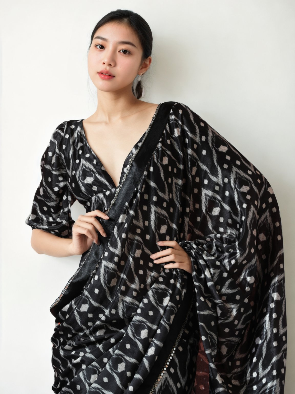 Avantini Chinon Digital Print Ready To Wear Saree With Blouse Piece - Black