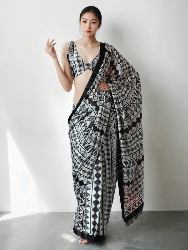 Avantini Chinon Digital Print Ready To Wear Saree With Blouse Piece - Black