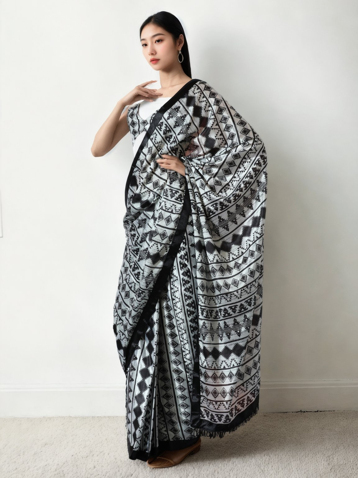 Avantini Chinon Digital Print Ready To Wear Saree With Blouse Piece - Black