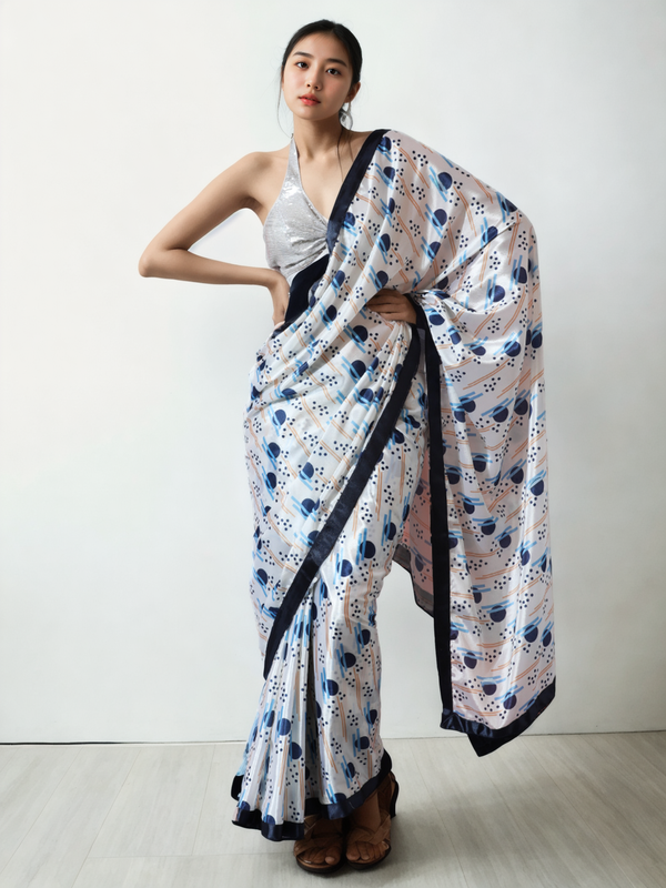 Avantini Chinon Digital Print Ready To Wear Saree With Blouse Piece - White