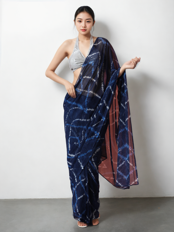 Avantini Chinon Digital Print Ready To Wear Saree With Blouse Piece - Navy Blue