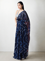 Thumbnail for Avantini Chinon Digital Print Ready To Wear Saree With Blouse Piece - Navy Blue