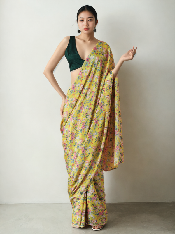 Avantini Chinon Digital Print Ready To Wear Saree With Blouse Piece - Yellow