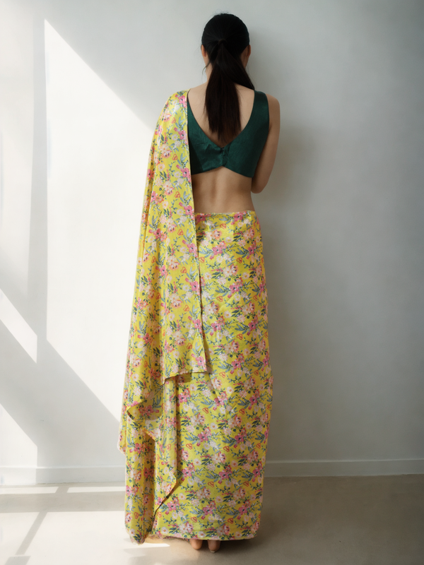 Avantini Chinon Digital Print Ready To Wear Saree With Blouse Piece - Yellow
