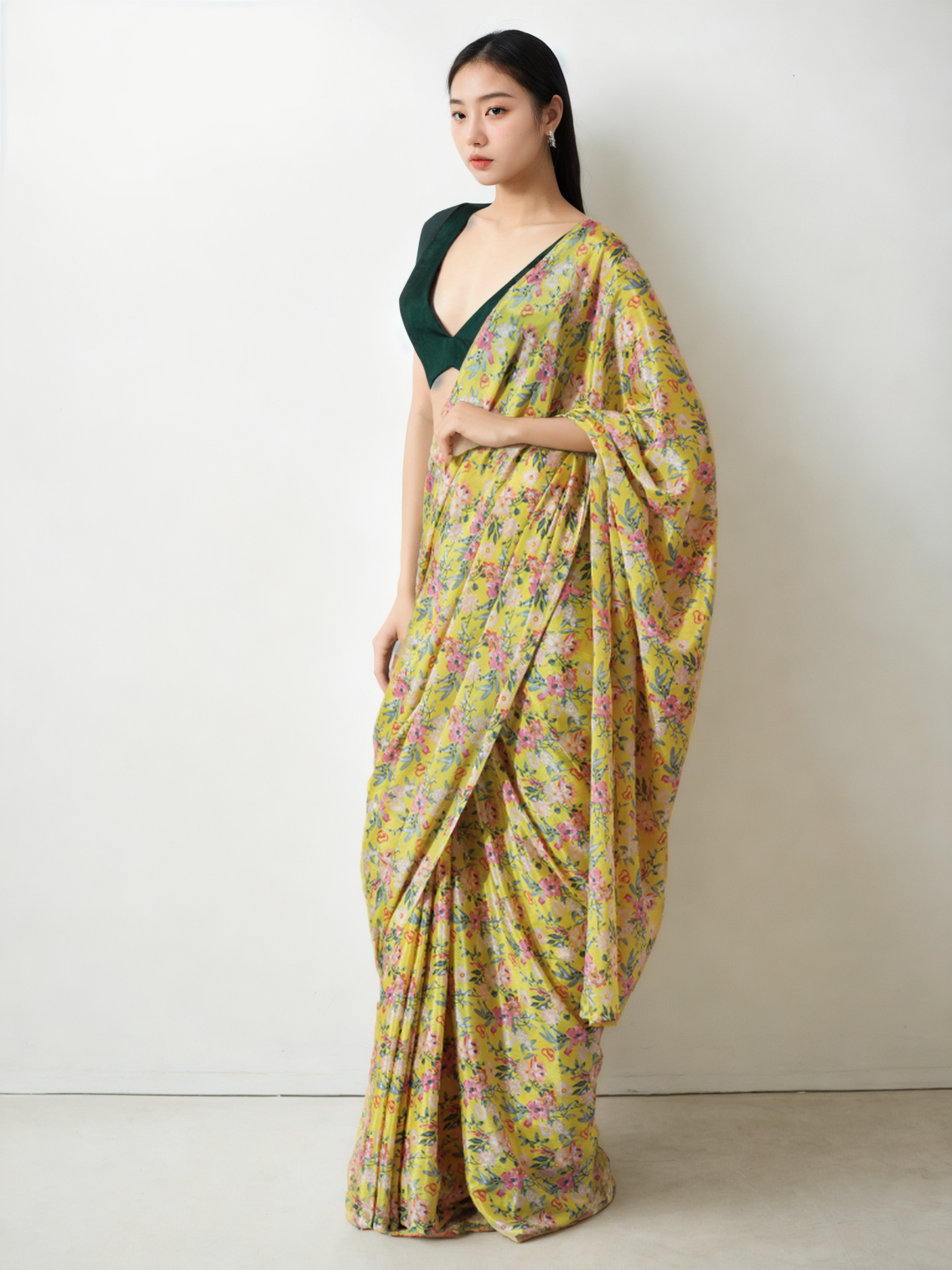 Avantini Chinon Digital Print Ready To Wear Saree With Blouse Piece - Yellow