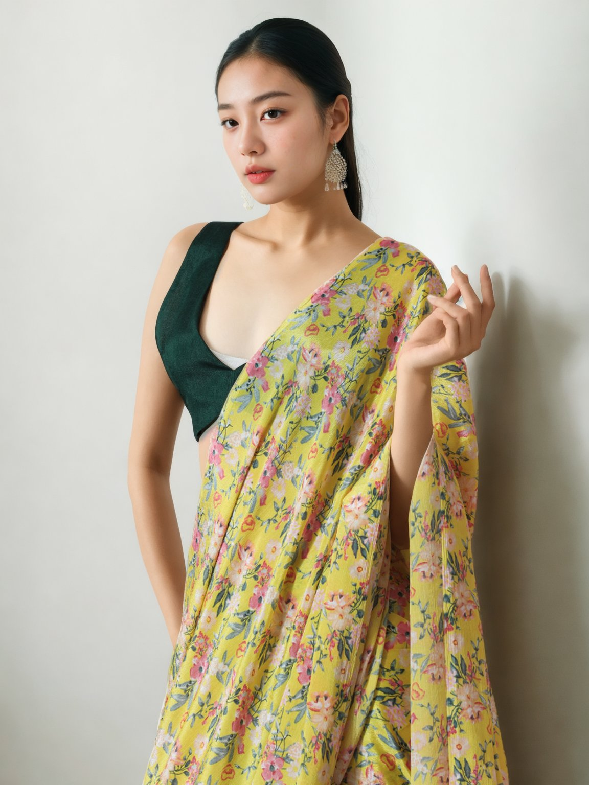 Avantini Chinon Digital Print Ready To Wear Saree With Blouse Piece - Yellow