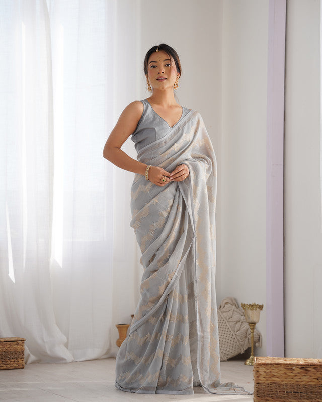NOZ2TOZ Sequence Georgette Grey Saree With Unstitched Blouse Piece - Distacart