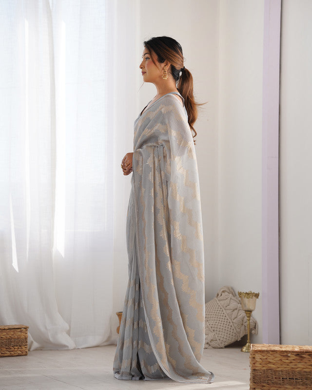NOZ2TOZ Sequence Georgette Grey Saree With Unstitched Blouse Piece - Distacart