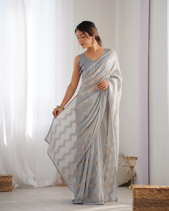 NOZ2TOZ Sequence Georgette Grey Saree With Unstitched Blouse Piece - Distacart
