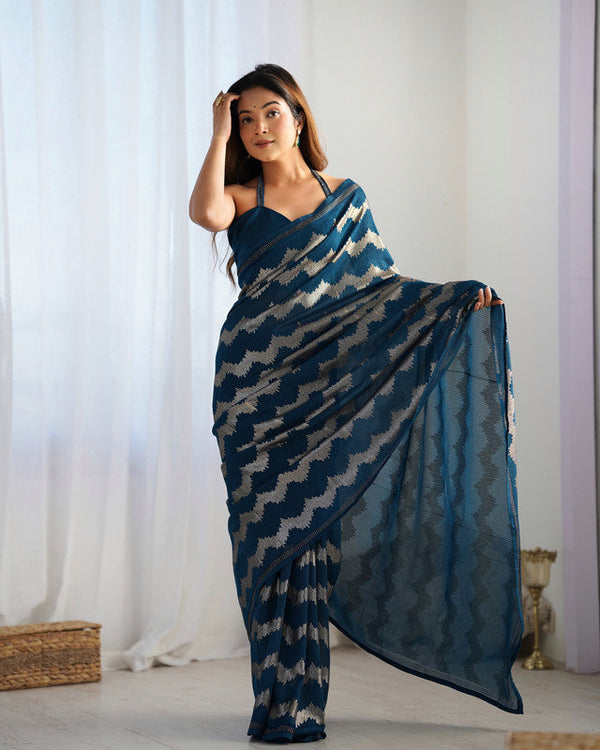 NOZ2TOZ Sequence Georgette Petrol Saree With Unstitched Blouse Piece - Distacart
