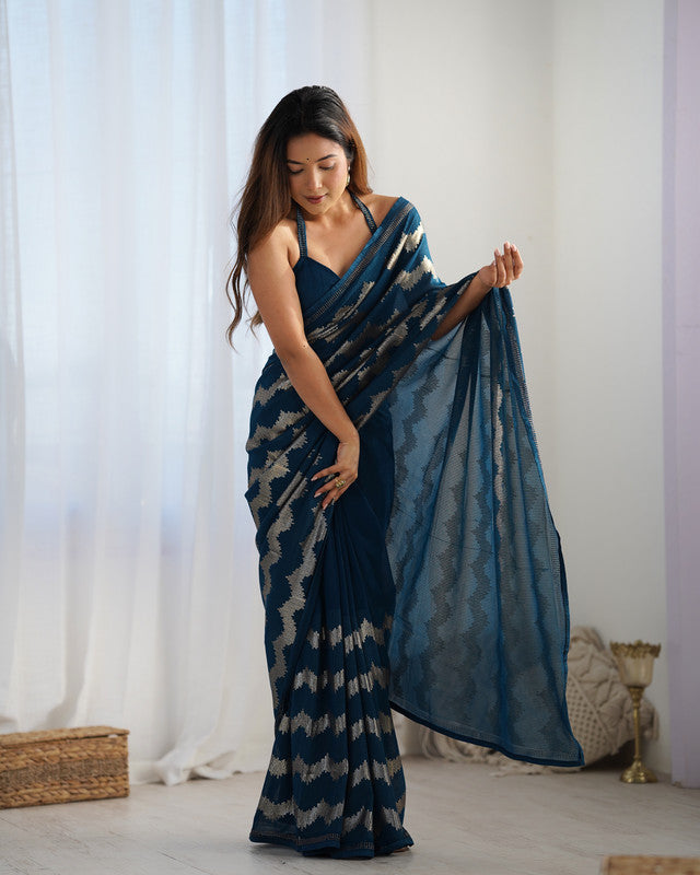 NOZ2TOZ Sequence Georgette Petrol Saree With Unstitched Blouse Piece - Distacart