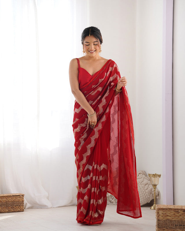 NOZ2TOZ Sequence Georgette Red Saree With Unstitched Blouse Piece - Distacart