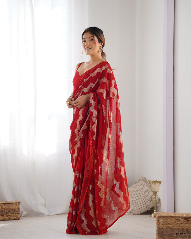 NOZ2TOZ Sequence Georgette Red Saree With Unstitched Blouse Piece - Distacart