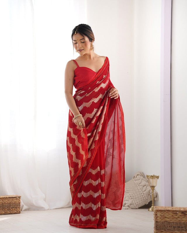 NOZ2TOZ Sequence Georgette Red Saree With Unstitched Blouse Piece - Distacart