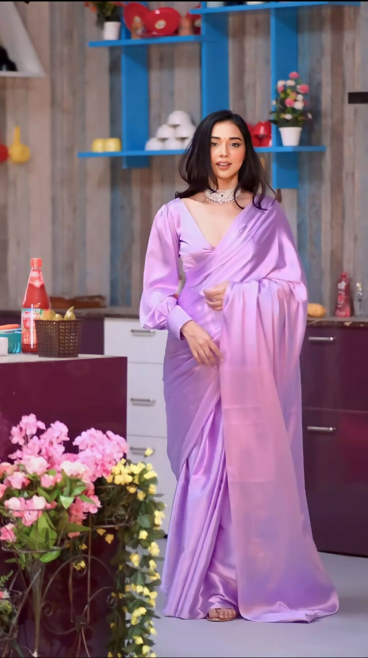 Malishka Satin Silk Solid Ready To Wear Saree With Blouse Piece - Lavendar - Distacart