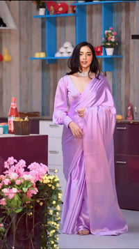 Thumbnail for Malishka Satin Silk Solid Ready To Wear Saree With Blouse Piece - Lavendar - Distacart