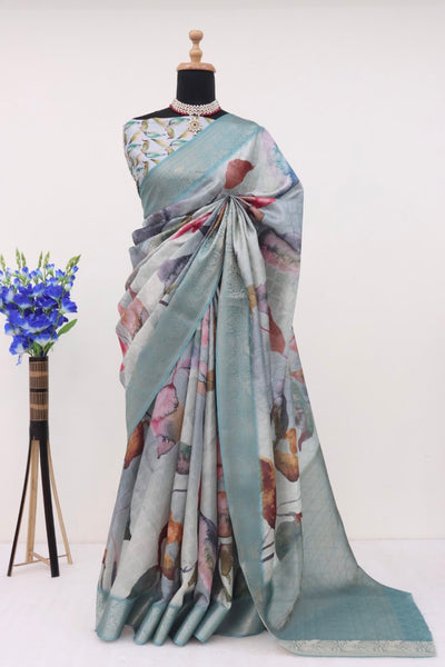 Avantini Handloom Silk Blue Pashmina Digital Print Saree With Unstitched Blouse Piece - Distacart