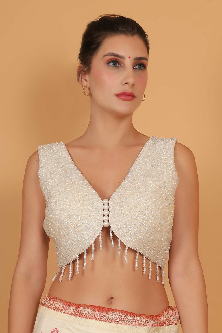 Joban Fashion Silk Pearl And Beads Hand Embroidery Padded Blouse - Pearl White