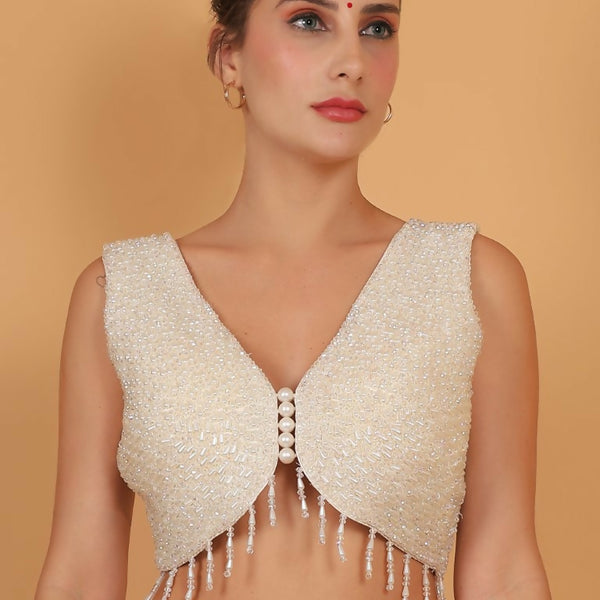 Joban Fashion Silk Pearl And Beads Hand Embroidery Padded Blouse - Pearl White