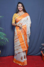 Thumbnail for Jyoti Fashion Women's Orange Linen Silk Digital Print with Jacquard Woven Border Saree with Blouse - Distacart
