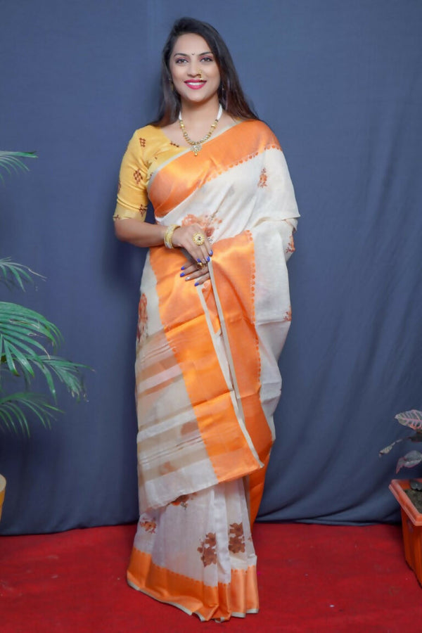 Jyoti Fashion Women's Orange Linen Silk Digital Print with Jacquard Woven Border Saree with Blouse - Distacart