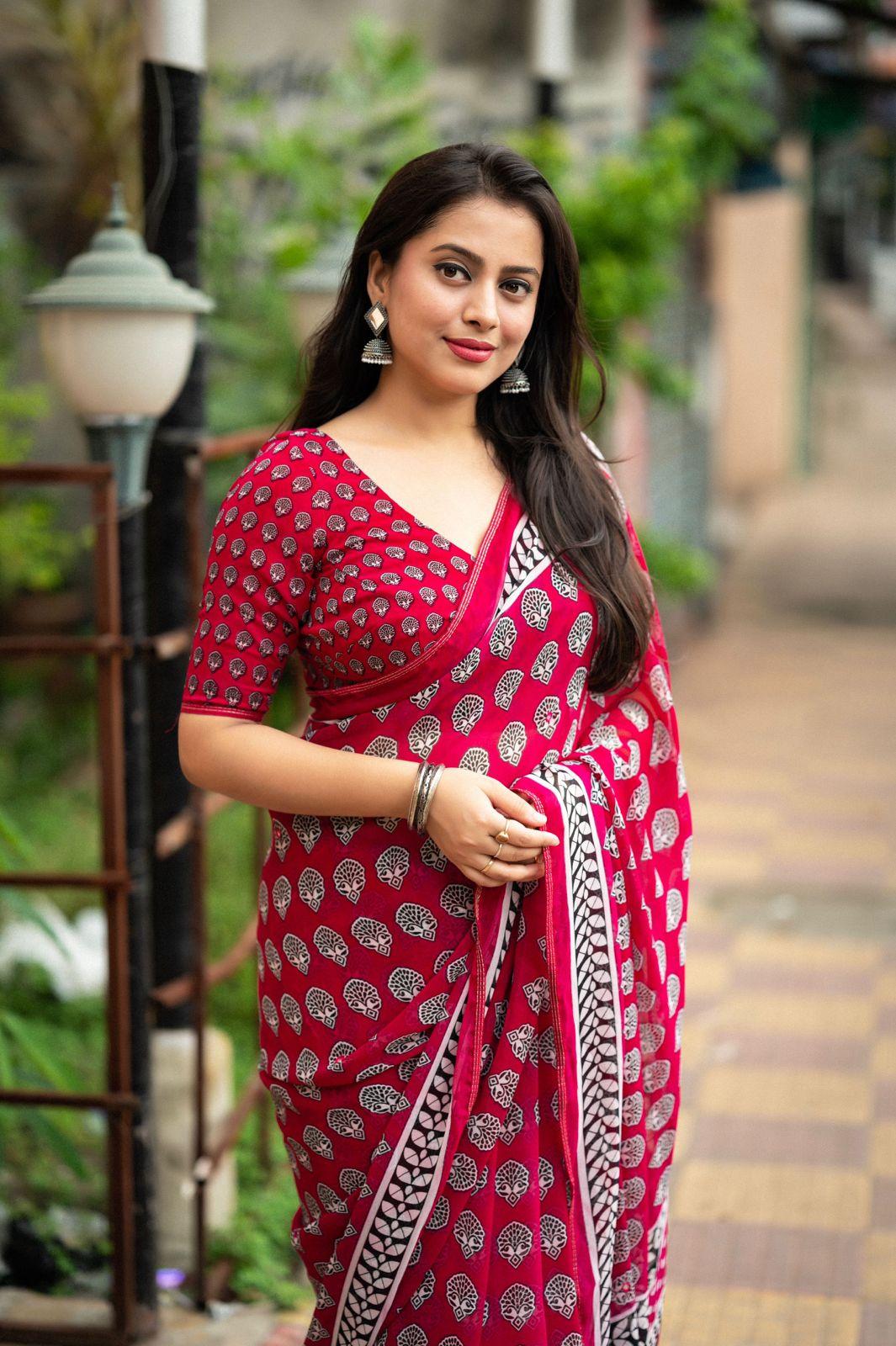 Rani Poly Georgette Ajrak Saree with Unstitched Blouse - Hiral Fashion - Distacart