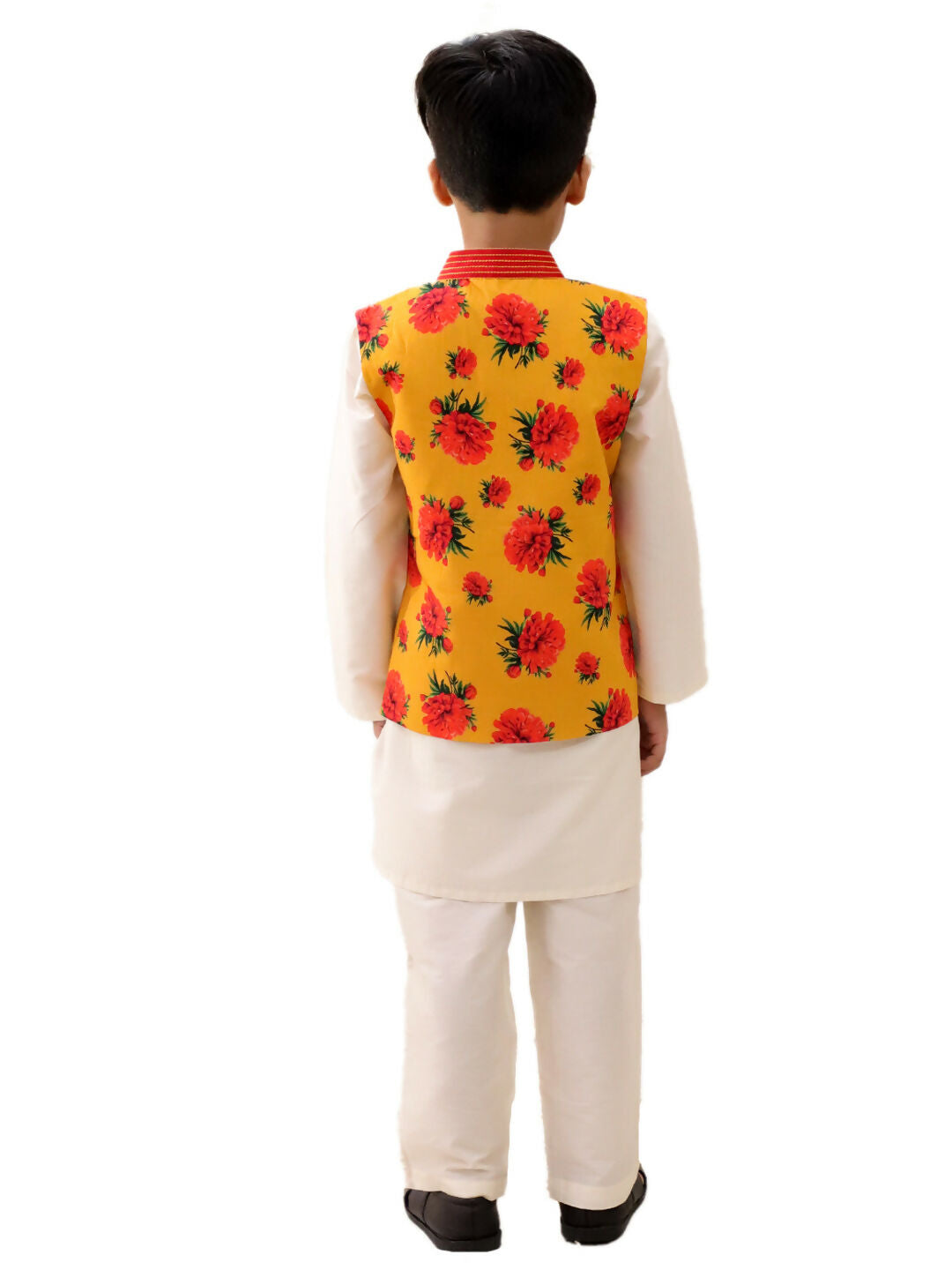 Lil Drama Genda Phool White Kurta and Pant with Mustard Jacket Set for Boys