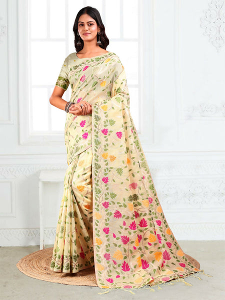 Astita Linen Cotton Off White Saree