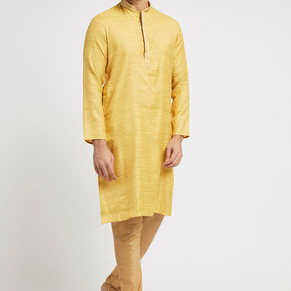 Ethnic India Yellow Men's Kurta Woven Design Polyester - Distacart