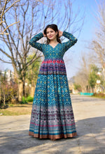 Thumbnail for Aastha Fashion Women's Teal Chanderi Cotton Digital Printed Anarkali Dress - Distacart