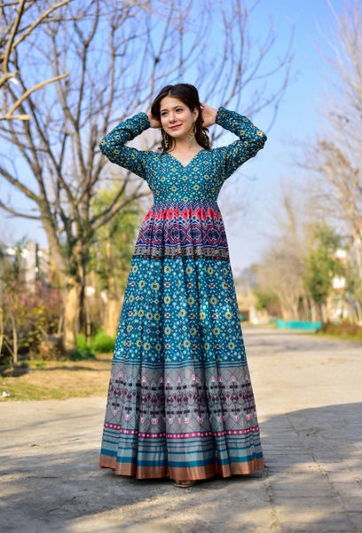 Aastha Fashion Women's Teal Chanderi Cotton Digital Printed Anarkali Dress - Distacart